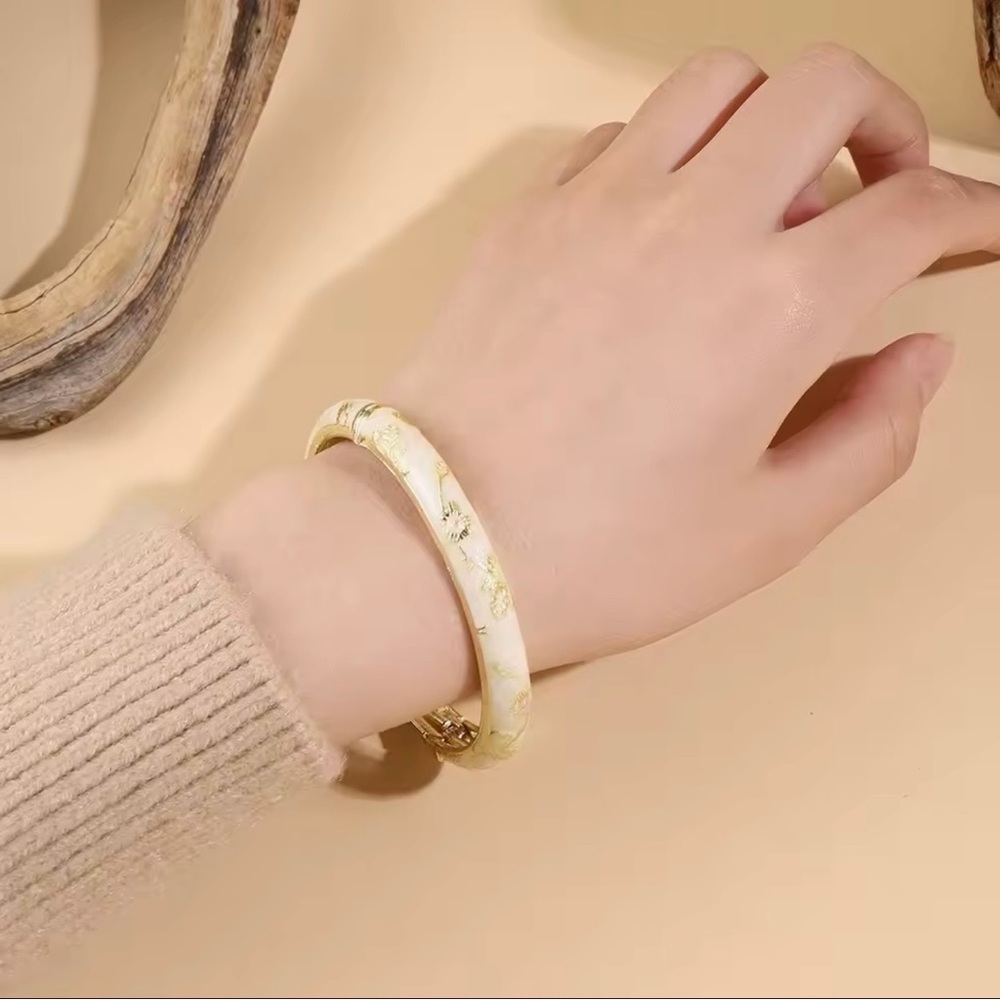 Gold & Ivory Floral Enamel Stackable Bangle Bracelets with Rhinestone Accent - Picture 2 of 6